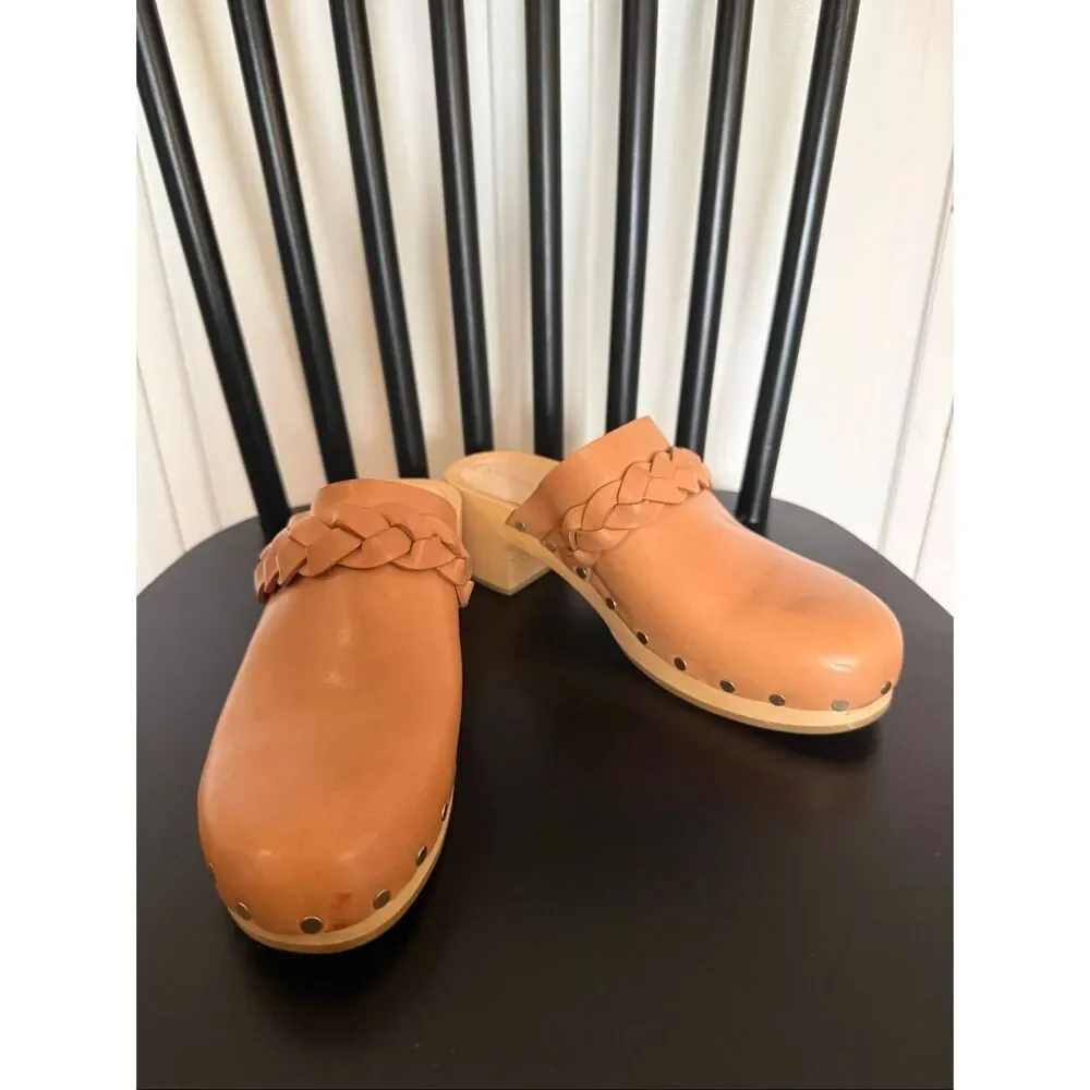 Loeffler Randall Lupa leather tan braided details clogs size 6 honey